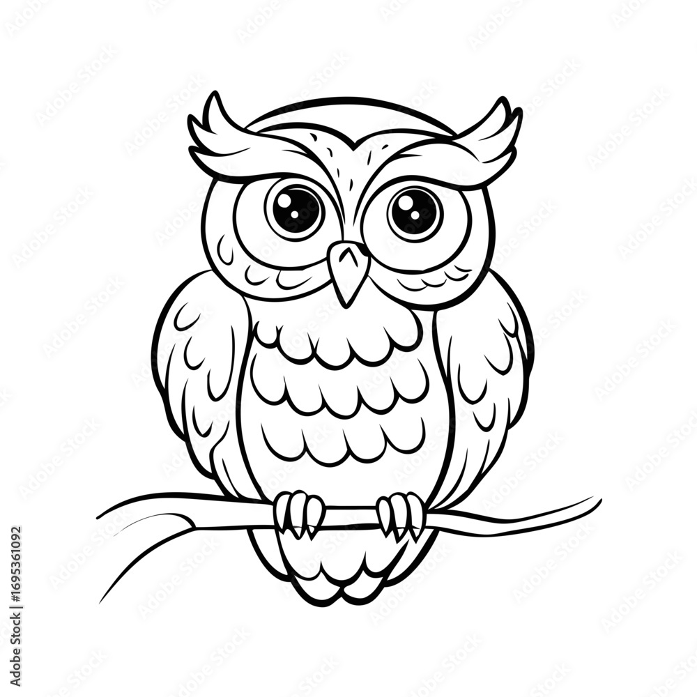 Naklejka premium Owl Bird Sitting on Branch Outline Vector Illustration