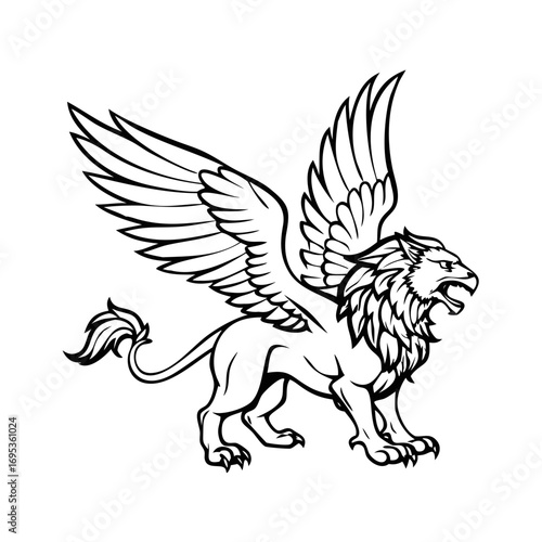 Griffin Mythical Creature with Wings Outline Vector Illustration