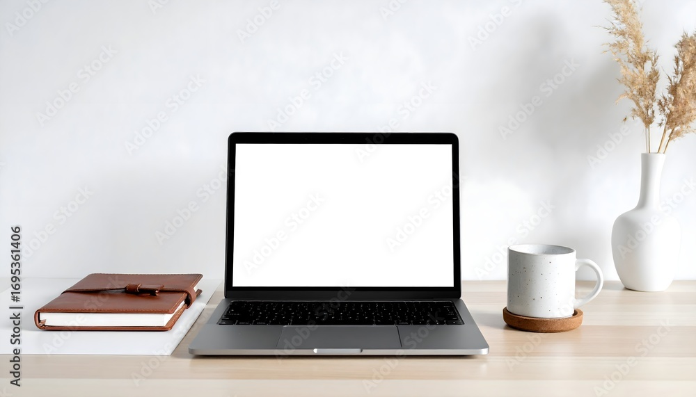 Fototapeta premium Minimalist arrangement- laptop with blank screen, ceramic mug, leather notebook.