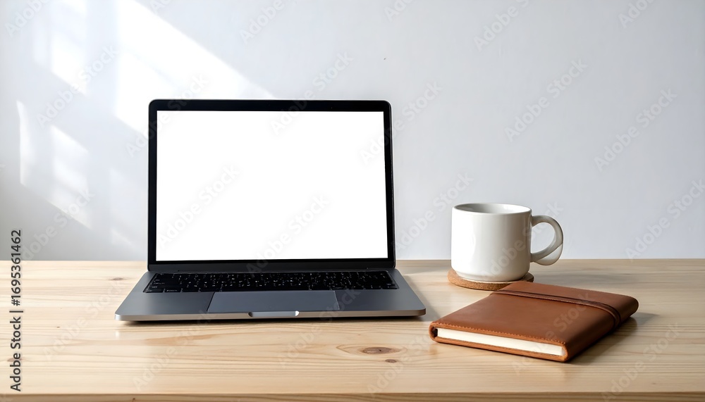 Fototapeta premium Minimalist arrangement- laptop with blank screen, ceramic mug, leather notebook.