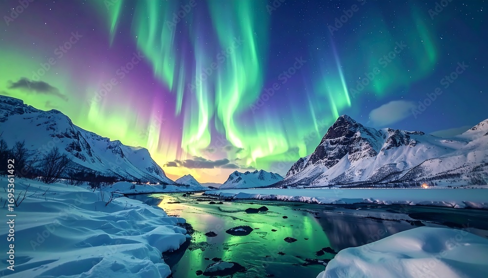 Naklejka premium Aurora borealis over a wintry landscape