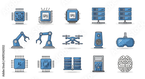 Modern technology icon collection in a blue and grey illustrative style, featuring AI, CPU, robotics, servers, and VR.