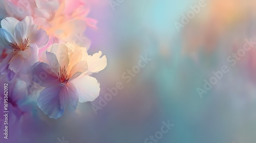 Delicate pastel flowers in soft focus create a dreamy and romantic atmosphere.