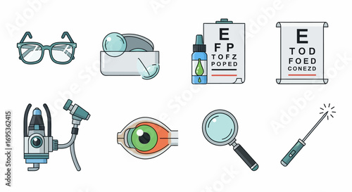 Hand-drawn ophthalmology and optometry icons set featuring glasses, eye chart, and medical tools.