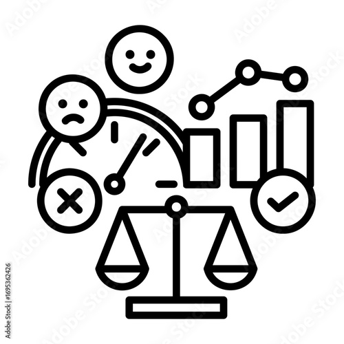 Icons depicting decisions based on data, not emotion. Includes a scale, graph, and emotion meter.