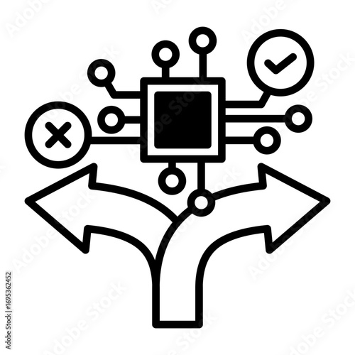 These icons show AI making decisions based on conditions. They include branching arrows, semiconductor, and symbols.