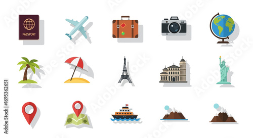 Flat design travel icon collection with long shadows, featuring passport, airplane, globe, and landmarks.