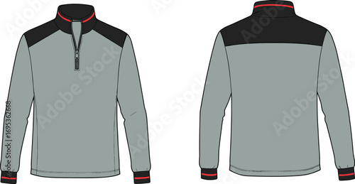Color Block Quarter Zip Pullover Technical Flat Sketch with Contrast Panels, Cuffs, and Collar – Front and Back Apparel Views