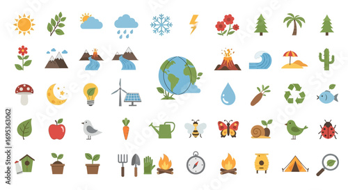 A large collection of colorful, textured flat icons depicting nature, weather, ecology, and outdoor activities.