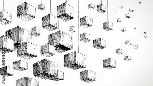Artistic monochrome illustration of three-dimensional geometric cubes and floating blocks creating a minimalist abstract design suitable for modern art digital backgrounds and creative projects