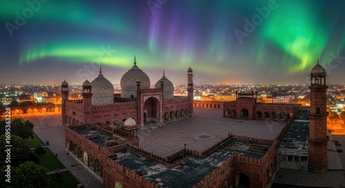 Majestic badshahi mosque under the aurora borealis in lahore pakistan at night