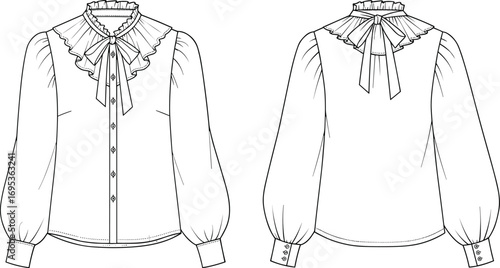 Elegant women’s blouse vector illustration with ruffled collar, long puff sleeves, button front, bow tie detail, front and back views