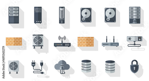 Flat design icon set of computer hardware, servers, networking, and data storage components with long shadows.