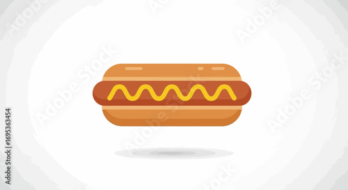 Minimalist flat design icon of a classic hot dog with a sausage in a bun, topped with a wavy line of yellow mustard.