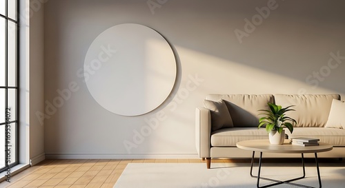Round wall art mockup hanging in a modern living room, blank canvas surface for artwork or branding.