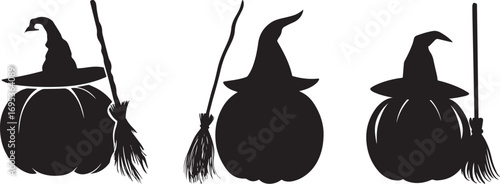 Halloween pumpkin witch hat broom silhouette vector design for spooky season decor