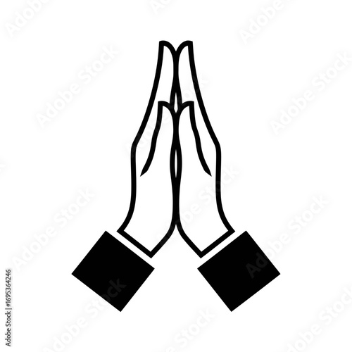 Vector art of black and white illustration of praying hands with folded palms, symbolizing faith, hope, and gratitude