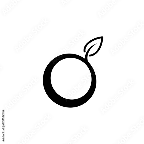 Vector art of simple black and white logo icon of an orange with a leaf