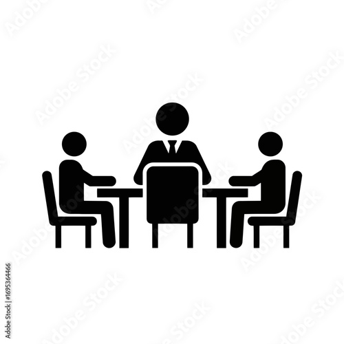 Vector art of simple black icon representing a business meeting with three people sitting around a table, symbolizing teamwork and collaboration