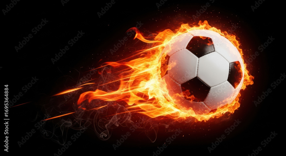 Fototapeta premium Fiery soccer ball blazing through dark background for sports competition promotion graphic design