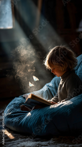 Child engrossed in a book, with magical butterflies emerging from the pages, sunlight streaming through the window.