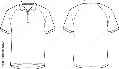 Men’s polo shirt vector illustration, front and back views, short sleeves, zip collar, casual sporty design, comfortable summer wear