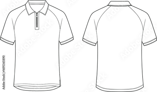 Men’s polo shirt vector illustration, front and back views, short sleeves, zip-up collar design, casual fashion, sporty comfortable apparel template