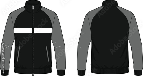 Men’s sporty zip-up jacket vector illustration with contrast sleeves, reflective horizontal stripe, front pockets, ribbed cuffs, front and back views