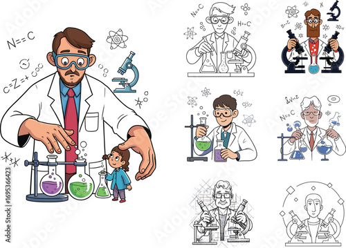Cartoon scientist with lab equipment, children learning science, chemistry experiment, STEM education concept, research illustration cartoon, diverse styles