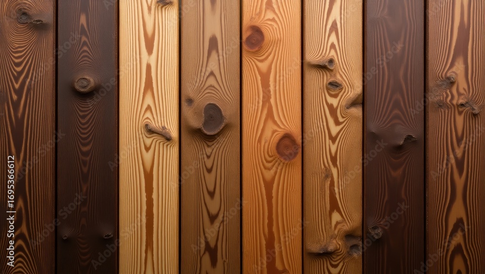 Obraz premium A close-up view of various stained wood planks, showcasing a range of rich brown and golden hues, highlighting the unique wood grain patterns and knots.