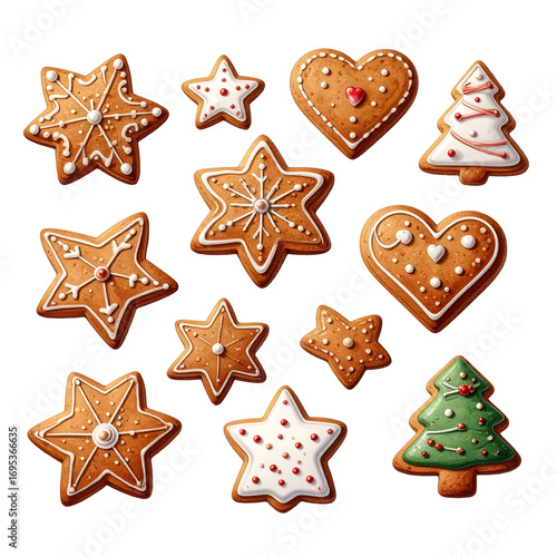 Gingerbread cookies in festive shapes isolated on white background, perfect for Christmas and holiday food design projects.