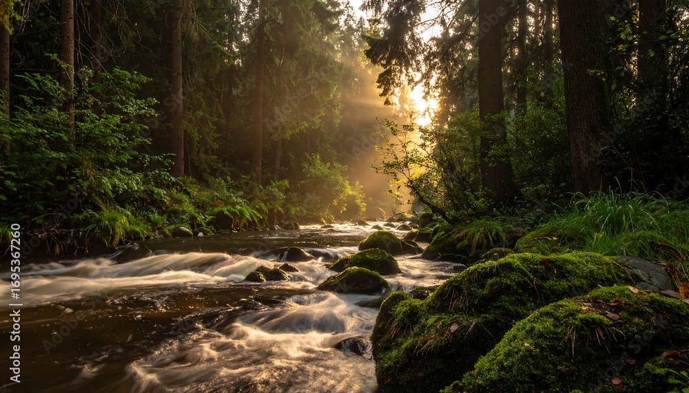 Obraz premium Sunlight streams through misty forest, illuminating a flowing river