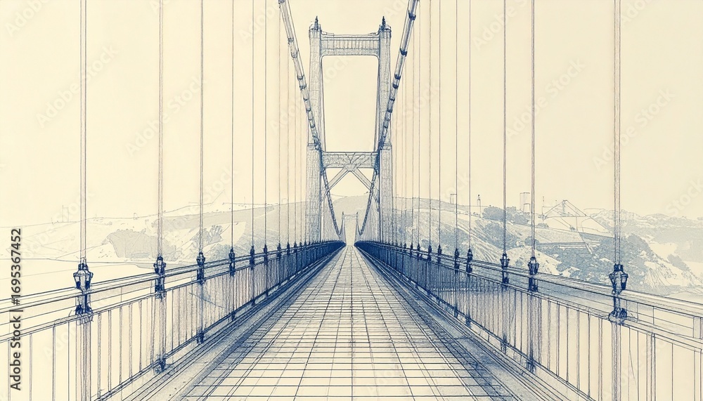 Obraz premium Blueprint X-ray diagram of suspension bridge elevation
