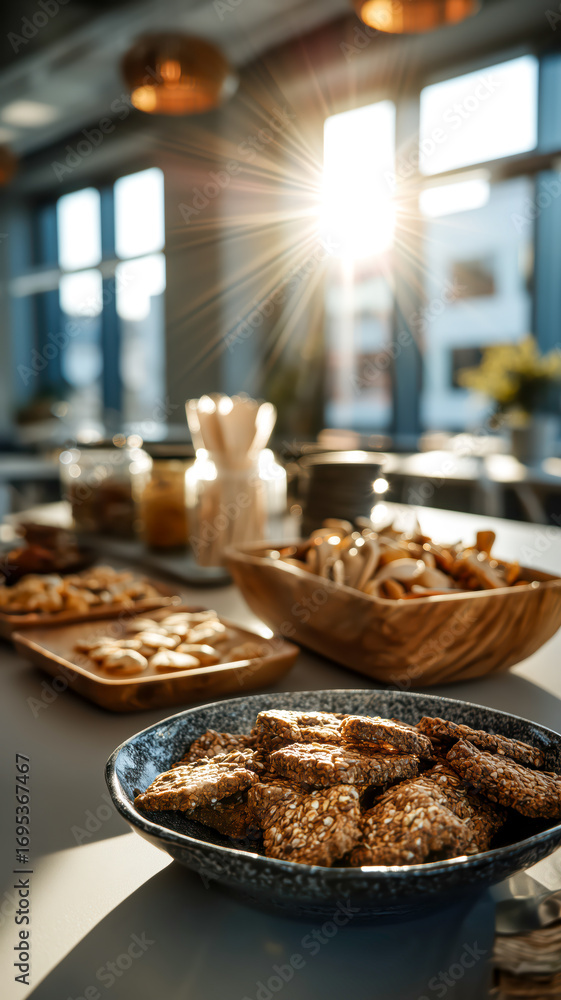 Naklejka premium Assorted snacks on a table bathed in sunlight, creating a warm and inviting atmosphere for a gathering.