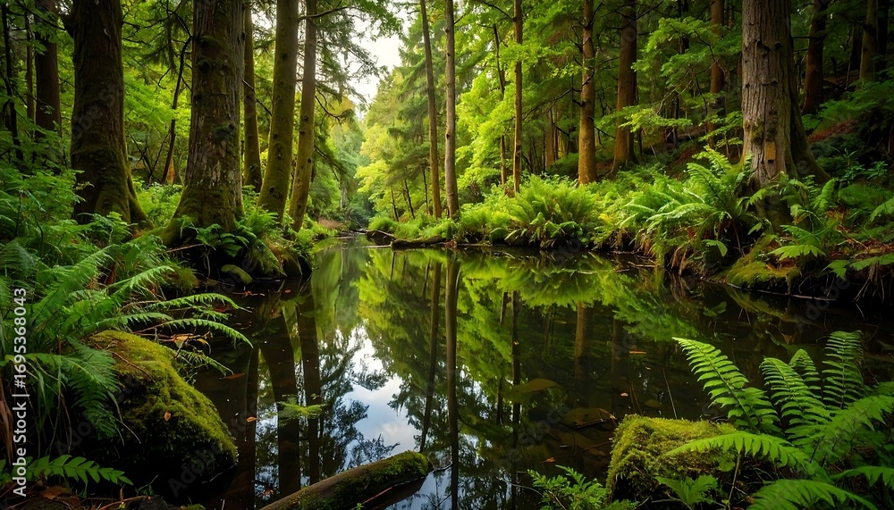 Fototapeta premium A tranquil forest stream reflects the lush greenery of the surrounding trees and ferns, creating a serene and peaceful scene.