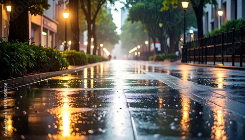 A city street bathed in warm, golden light reflecting off puddles on a rainy evening.