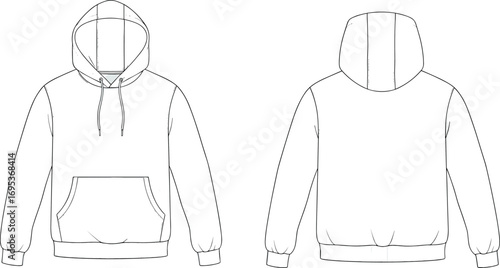 Unisex hoodie vector illustration, front and back views, long sleeves, drawstring hood, kangaroo pocket, casual fashion, comfortable streetwear apparel design
