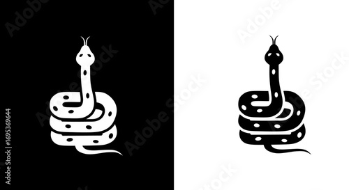 Coiled Snake Silhouette Illustration in Black and White, Reptile Symbol Design