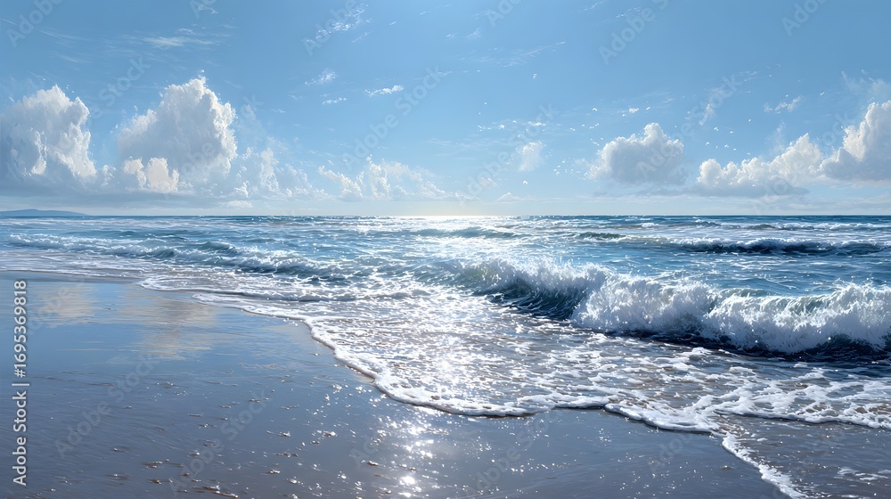 Obraz premium A serene beach scene displays gentle ocean waves gently lapping at the shore, beneath a vibrant, cloud-filled sky.