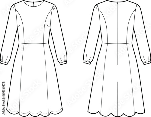 Women’s long sleeve dress vector illustration, scalloped hem, fitted waist, front and back views, elegant casual style fashion design