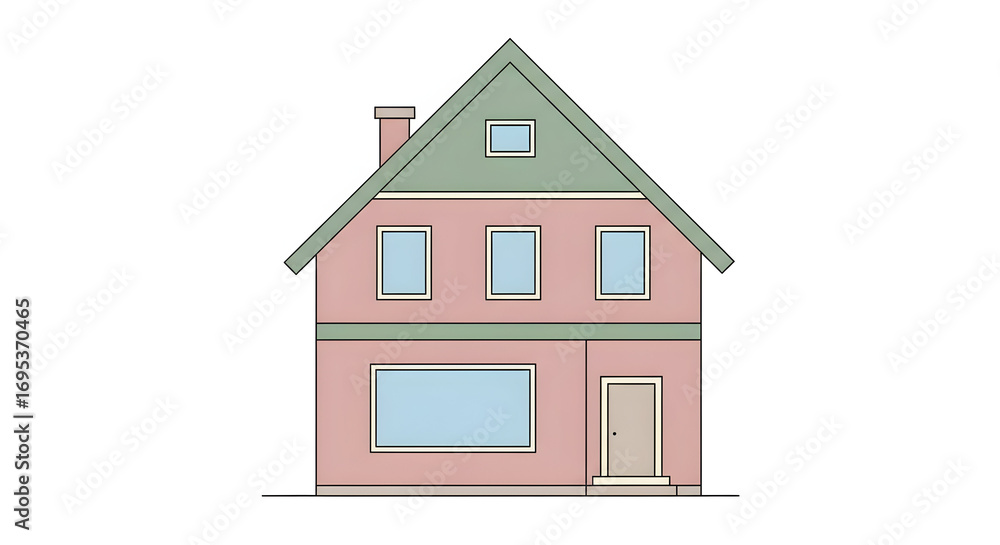 Illustration of Two-story House with Green Roof and Soft Pink Exterior Illustration of Two-story House with Green Roof and Soft Pink Exterior