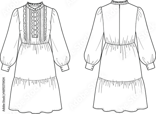 Women’s vintage style dress vector illustration, front and back views, long puff sleeves, detailed lace bodice, elegant fashion design template