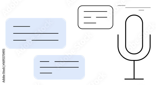 Microphone paired with speech bubbles symbolizes voice recognition, transcription, or podcast communication. Ideal for AI, technology, multimedia, speech-to-text, communication tools, content