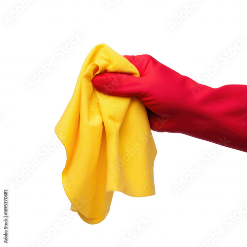 Close-up of a gloved hand gripping a crumpled yellow cloth on transparent background