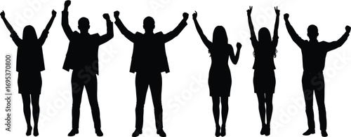 Business people silhouette celebrating success, group of office team raising hands, teamwork achievement, corporate victory, successful workers unity illustration
