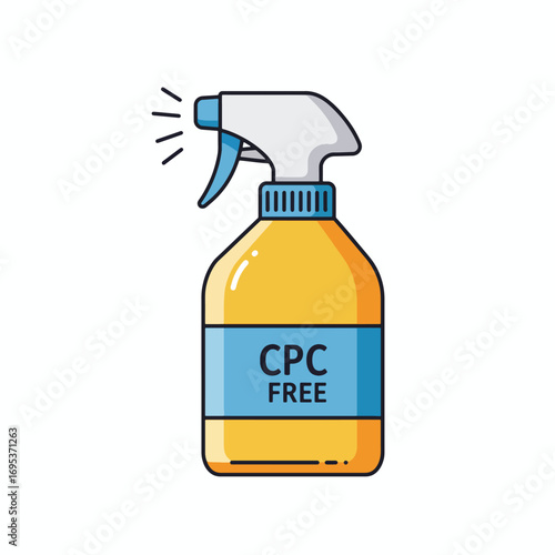 Illustration of a yellow spray bottle with a blue label that reads "CPC FREE" against a white background.