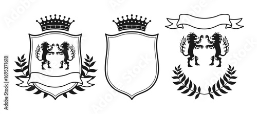 Coat of arms with two royal lions laurel wreath, with ribbon shield, crown. Heraldic crest set. Medieval emblems logo fantasy kingdom. Coat of arms generator vintage vector graphic design illustration