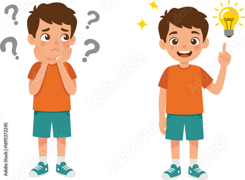 Confused boy cartoon with question marks, happy child pointing at glowing light bulb, problem solving, learning, creativity, education concept illustration