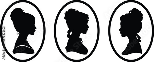 Elegant vintage woman silhouette portraits in oval frames, classic female profile vector illustration, retro cameo design for art, fashion, decor