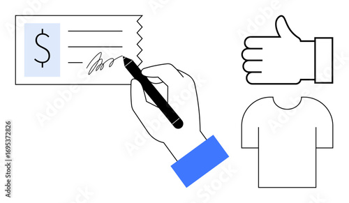 Hand signing a check with pen, thumb up indicating approval, and shirt icon. Ideal for finance, transactions, trust, endorsement, e-commerce, agreements and a simple landing page